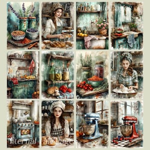 May include: A collection of watercolor illustrations depicting kitchen scenes. Jars of spices, fresh produce, and baked goods are featured. Women are shown baking and preparing food. The color palette includes greens, blues, and warm tones, creating a rustic, vintage aesthetic.