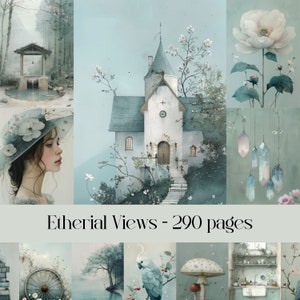 Etherial Views-pagina's voor junkjournal en scrapbooking, lichtgroen en salie, dromerig, landschappen, mistig, bewolkt, bloemen, botanisch, digitaal