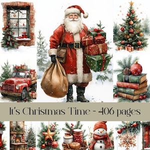 É tempo de Natal Páginas, papel digital, diário de lixo, papel para scrapbook, festivo, feriados de inverno, enfeites, bolas, Papai Noel, vermelho e verde
