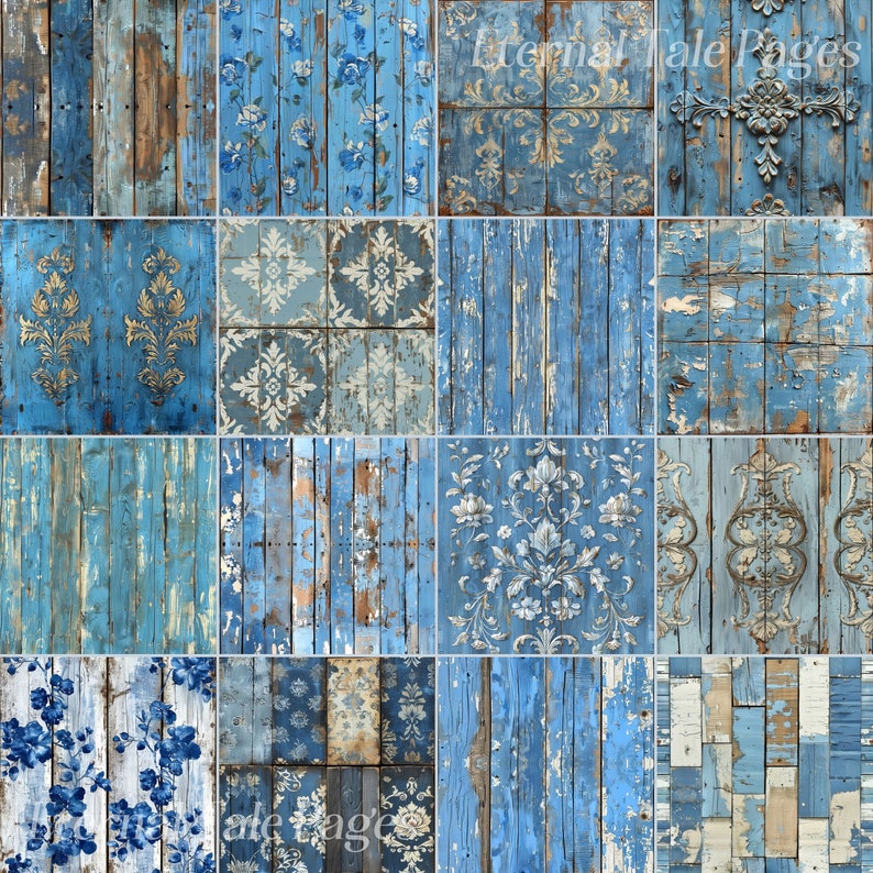 Blue Shabby Chic Wood Digital Paper: 100 Junk Journal Pages (digital ...
