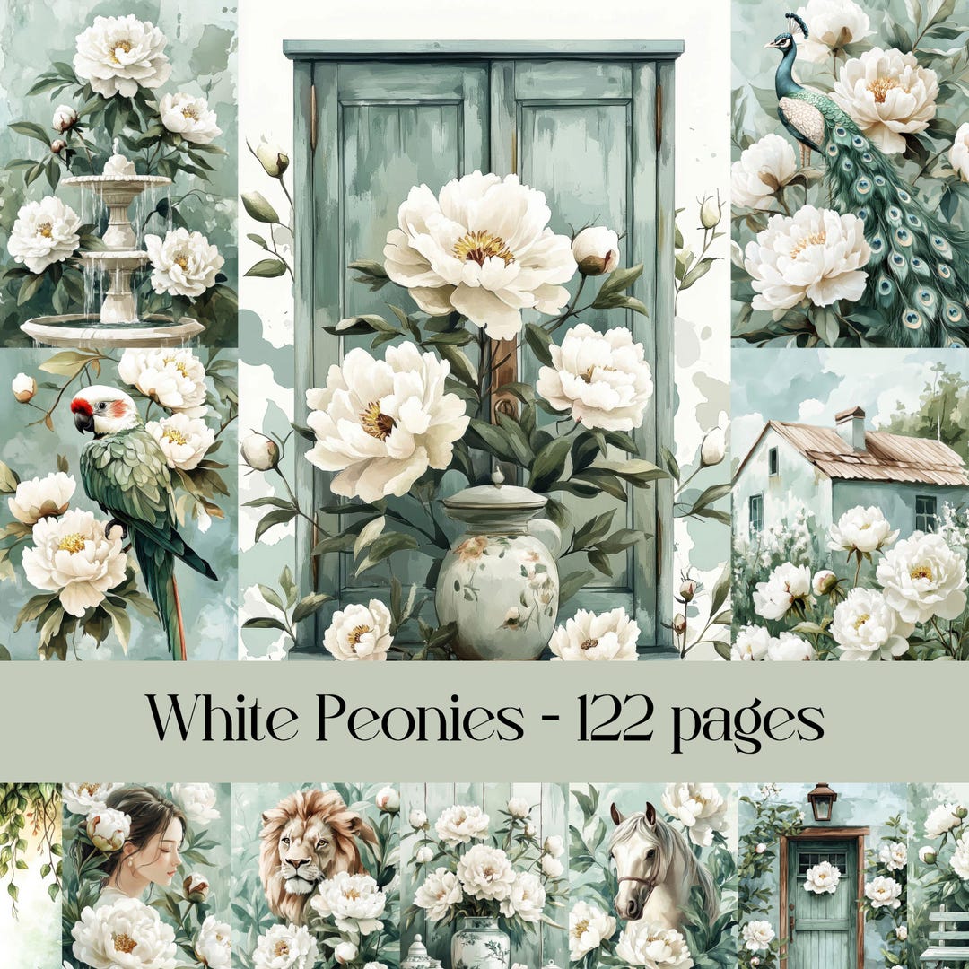 White Peonies, Digital Paper, Junk Journal, Scrapbook Paper, Botanical