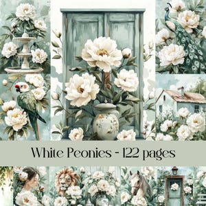 Witte pioenrozen, digitaal papier, junk journal, plakboekpapier, botanisch, bloemen, achtergrond, groen, afdrukbaar papier, digitale download