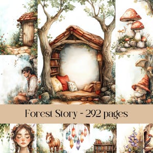 Páginas de cuentos del bosque, papel digital, diario basura, papel para álbumes de recortes, animales lindos, criaturas del bosque, libro infantil, cuento de hadas, hadas