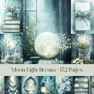 Moon Light Dream Pages, digitaal papier, junk journal, fantasie, betoverd, maanlicht, botanisch, maan, halve maan, bloemen, lichten, achtergrond