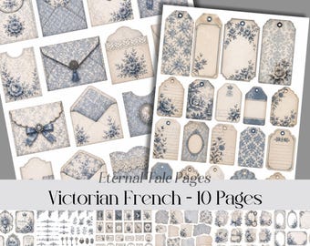 Efímeros victorianos franceses, recortes vintage azules, elementos imprimibles