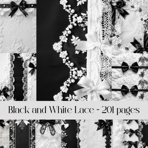 Immagini di pizzo bianco e nero per scrapbooking e diario spazzatura, carta digitale, fiocchi, perle, texture di tessuto, grafica stampabile, monocromatico