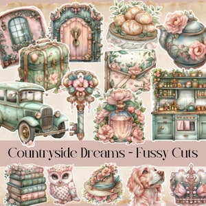 Countryside Dreams: cortes recargados, efímeras, shabby chic, vintage, imprimibles, flores, diario basura, scrapbooking, papeles, pasteles, femenino