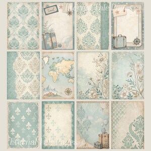 May include: A set of 10 digital paper backgrounds featuring a vintage travel theme. The papers include a world map, floral designs, and damask patterns in shades of blue and beige.