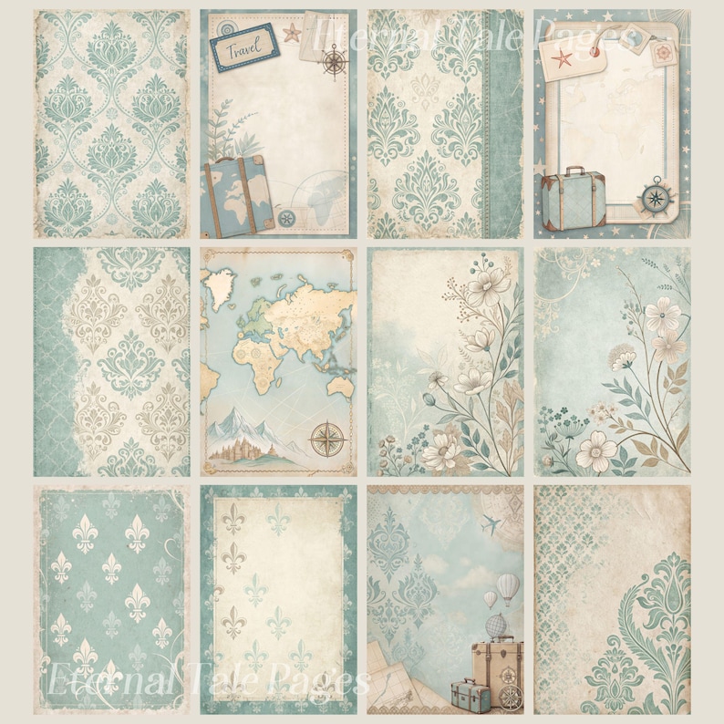 May include: A set of 10 digital paper backgrounds featuring a vintage travel theme. The papers include a world map, floral designs, and damask patterns in shades of blue and beige.