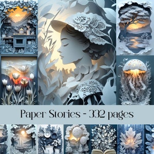 Páginas de histórias de papel, papel digital, diário de lixo, scrapbooking, design 3D, recorte de papel, azul claro, cenário, floresta, frondoso, botânico