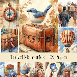Ricordi di viaggio, carta digitale, viaggio, vintage, antico, trasporti, treni, aerei, viaggio, effimeri, diario di scarto, copertina per planner, stampabile