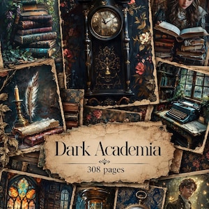 Könnte beinhalten: Eine Collage aus Bildern mit einer dunklen Uhr, einer lesenden Person, einer Schreibmaschine, einer Sanduhr und einer Taschenuhr, zentriert durch ein pergamentartiges Etikett mit dem Text Dark Academia und 308 pages, das Vintage-Szenen zeigt.