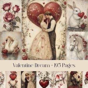 Pages de rêve de la Saint-Valentin, papier numérique, coeurs, amour, romantique, papier victorien, fleurs, roses, journal indésirable, papier de scrapbooking, imprimable