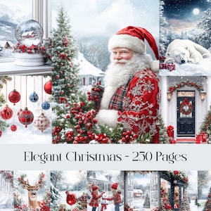 Eleganti pagine natalizie, carta digitale festiva, diario invernale, carta per scrapbooking, festività, Babbo Natale, neve, immagini stampabili, Natale rosso