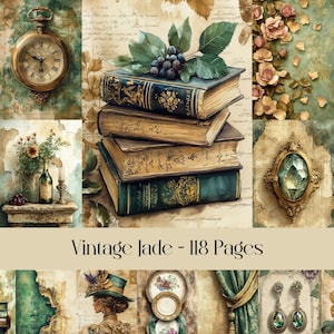 Páginas de jade vintage, papel digital, diário de lixo, papel verde, envelhecido, manchado, vitoriano, papel para scrapbooking, floral, pergaminho antigo