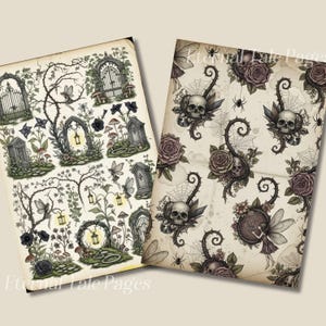 Pu&ograve; includere: Due fogli di carta in stile vintage con illustrazioni gotiche. Uno presenta cancelli, lapidi, fate e lanterne. L'altro ha teschi, rose e ragnatele. Il testo "Eternal Tale Pages" &egrave; visibile.