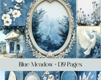 Blue Junk Journal Pages, Floral Ephemera (Digital Paper)