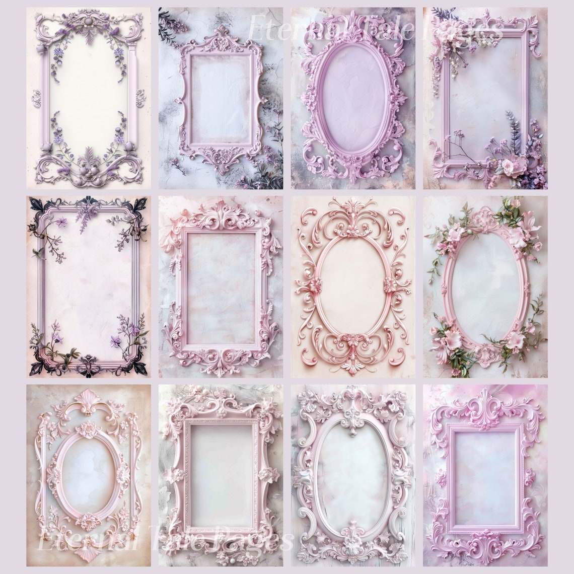 Pink Lilac Ornate Frames Digital Paper: Rococo Baroque Printable Images ...