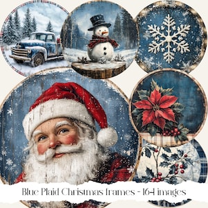 Puede incluir: Un conjunto de seis marcos redondos de papel con temática navideña en azul y blanco. Los marcos presentan un muñeco de nieve, un copo de nieve, una flor de pascua, un camión, bayas de acebo y Papá Noel.