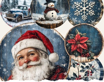 May include: A set of six blue and white Christmas themed round paper frames. The frames feature a snowman, a snowflake, a poinsettia, a truck, holly berries, and Santa Claus.