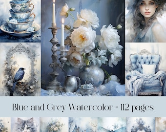 Blue & Gray Watercolor Junk Journal Pages: Shabby Chic Ephemera (Digital Download)