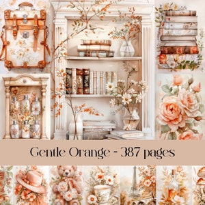 Pages orange douces pour scrapbooking et journal indésirable, papier numérique, papier imprimable, automne, automne, couleur pêche, fleurs, vintage, éphémère