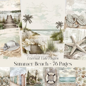 Kit per junk journal estivo a tema spiaggia, pagine collage in stile cottagecore costiero (download digitale)
