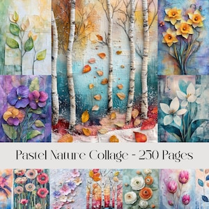 Pastell Natur Collage Seiten, digitales Papier, Wald, Blätter, botanisches, Junk Journal, Scrapbook Papier, Frühling, Sommer, Blumen, printable
