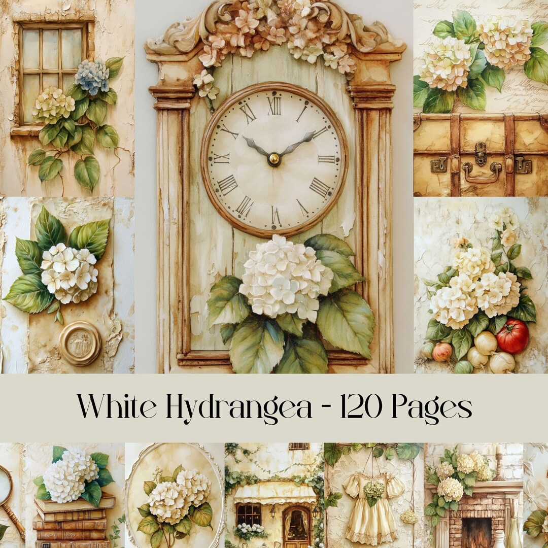 White Hydrangea Junk Journal Pages: Vintage Floral Ephemera (digital ...