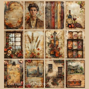 Puede incluir: Un collage de im&aacute;genes de estilo vintage con una est&eacute;tica r&uacute;stica y terrosa. Las im&aacute;genes incluyen un c&iacute;rculo de madera, un retrato de un hombre, una pared de tablones de madera, una naturaleza muerta con vino y uvas, una ventana con flores, un campo de trigo, un viol&iacute;n, un estante de tarros, un portapapeles con papel rayado, una postal vintage, un edificio con un balc&oacute;n y una casa con una maleta.