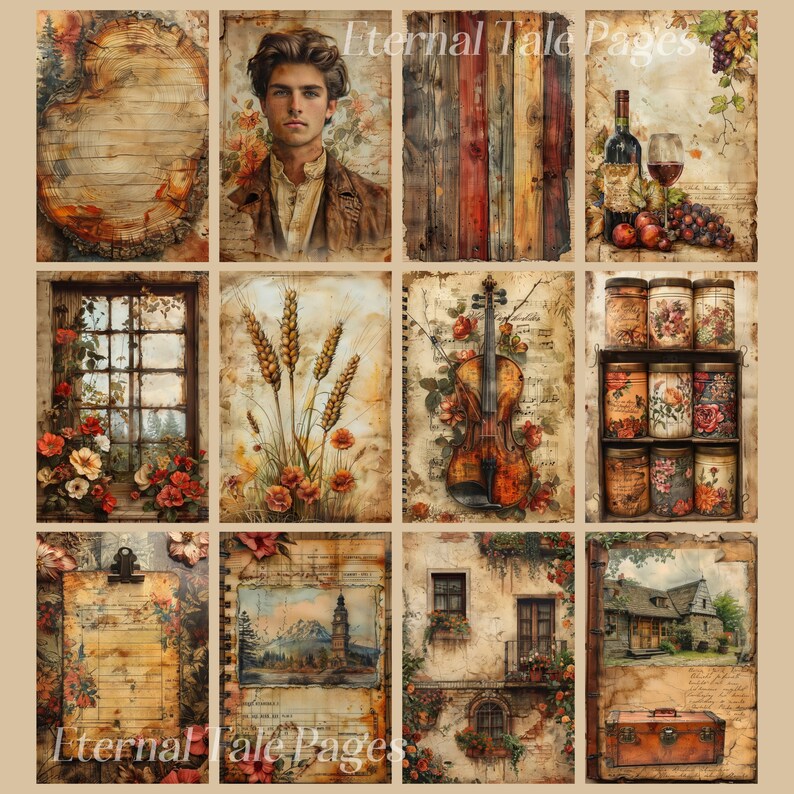 Puede incluir: Un collage de im&aacute;genes de estilo vintage con una est&eacute;tica r&uacute;stica y terrosa. Las im&aacute;genes incluyen un c&iacute;rculo de madera, un retrato de un hombre, una pared de tablones de madera, una naturaleza muerta con vino y uvas, una ventana con flores, un campo de trigo, un viol&iacute;n, un estante de tarros, un portapapeles con papel rayado, una postal vintage, un edificio con un balc&oacute;n y una casa con una maleta.