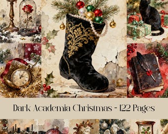 以下が含まれることがあります： 金色の刺繍が施された黒いベルベットのブーツに、クリスマスオーナメントと緑が詰め込まれたコラージュ。ガラスドームに入ったバラ、懐中時計、黒猫、本なども含まれています。テキストは「Dark Academia Christmas - 122ページ」と書かれています。