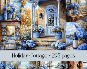 Blue Cottage Digital Paper: Blue Flowers, Vintage Countryside (Printable)