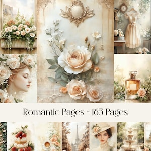 Páginas románticas, shabby chic, elegante, papel digital, diario basura, estilo francés, amor, romance, beige, neutro, scrapbooking, imprimible