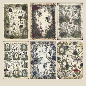 Pu&ograve; includere: Una collezione di sei stampe in stile vintage con scene di giardini gotici. Ogni stampa presenta cancelli ornati, farfalle, fate, rose ed elementi botanici in tonalit&agrave; di verde, viola e marrone. Il tema &egrave; fantastico e stravagante.