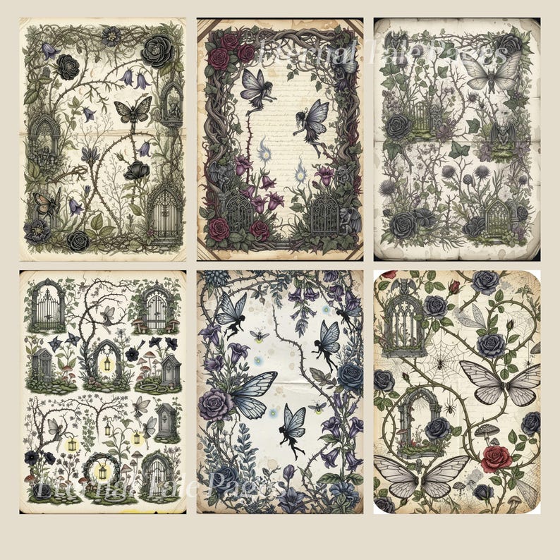 Pu&ograve; includere: Una collezione di sei stampe in stile vintage con scene di giardini gotici. Ogni stampa presenta cancelli ornati, farfalle, fate, rose ed elementi botanici in tonalit&agrave; di verde, viola e marrone. Il tema &egrave; fantastico e stravagante.