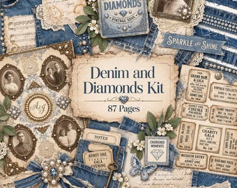 Blue Junk journal Kit, Denim digital paper and elements, diamonds and jewels, Scrapbooking
