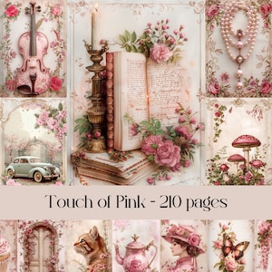 Hauch von Pink Seiten für Scrapbook und Junk Journal, Aquarellbilder, digitales Papier, digitale Ephemera, Rosen, Blumen, Rahmen, Vintage