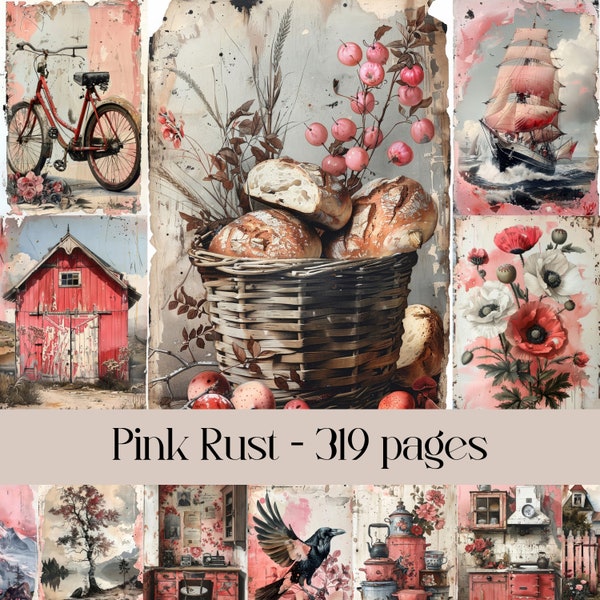 Pink Rust Pages for Scrapbooking, Junk Journals, digital printable paper, weathered, tattered, shabby chic, peeling paint, cottage core