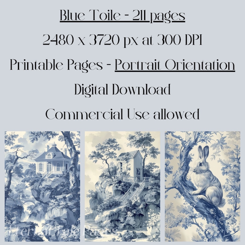 May include: Three digital printable pages of blue and white toile patterns. The patterns feature a house on a cliff, a waterfall, and a rabbit sitting on a tree branch.