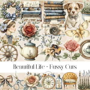 Beautiful Life Fussy Cuts, diario basura, hojas de calcomanías, álbumes de recortes, impresión y corte, PNG, JPEG, cabaña rústica, naturaleza, material efímero vintage