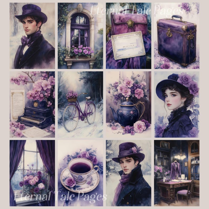 May include: A collage of images featuring a man in a purple suit, a window with purple curtains, a suitcase, a teapot, a bicycle, a cup of tea, and a man in a top hat. The collage is decorated with purple flowers and the text "Eternal Tale Pages".
