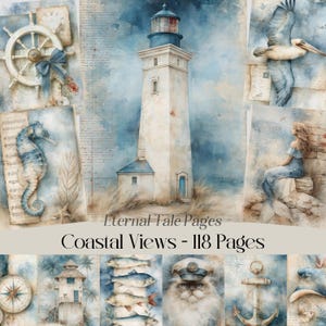 May include: A collection of watercolour illustrations with a coastal theme. The images include a lighthouse, seahorse, mermaid, pelican, ship's wheel, and a cat wearing a sailor's hat. The text reads "Eternal Tale Pages" and "Coastal Views - 118 Pages".