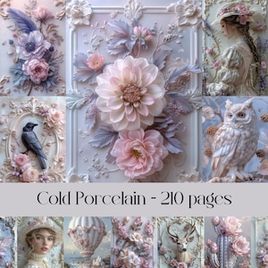 Pagine in porcellana fredda per album e diario di scarto, cornici floreali, carta stampabile digitale, pastelli, tecniche miste, collage, fiori, animali
