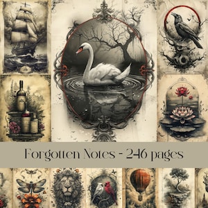 Vergeten notities plakboek en junkjournaalpapier, digitaal papier, versleten, gekleurd papier, oud, antiek, vintage pagina's, zwarte inkt, afdrukbaar