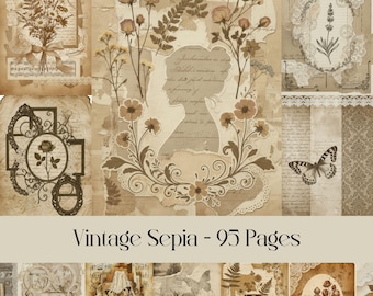 Vintage Sepia Journal Pages: Antique Ephemera, Collage Papers (Digital Download)
