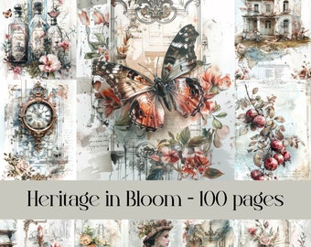 Heritage in Bloom Pages, Junk journal, Collagepapier, digitaal papier, bloemenafbeeldingen, schetsstijl, Victoriaans, shabby chic, plakboekpapier