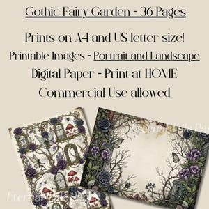 Pu&ograve; includere: Set di carta digitale a tema Gothic Fairy Garden. L'immagine presenta immagini stampabili in formato verticale e orizzontale, con un design di rose scure, farfalle e archi gotici. Il testo include "Gothic Fairy Garden - 36 Pages" e "Commercial Use allowed."