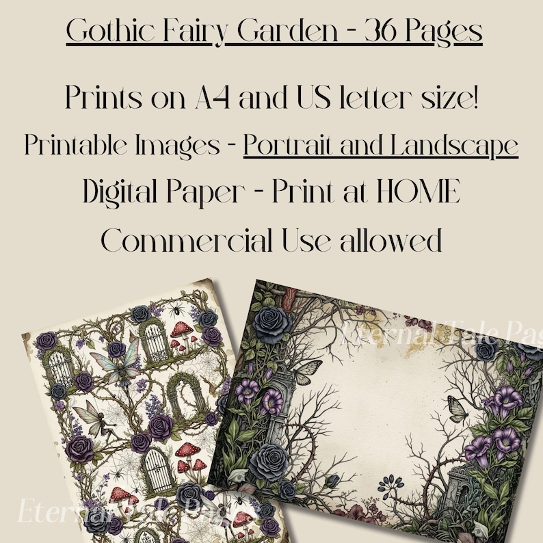 Pu&ograve; includere: Set di carta digitale a tema Gothic Fairy Garden. L'immagine presenta immagini stampabili in formato verticale e orizzontale, con un design di rose scure, farfalle e archi gotici. Il testo include "Gothic Fairy Garden - 36 Pages" e "Commercial Use allowed."