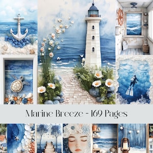 Brisa marina, náutica, mar, vida oceánica, azulejos, 3D, diario basura, scrapbooking, papel digital, imágenes imprimibles, azul y blanco, olas del mar